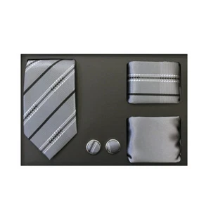 Nuevo Formal Hombre Corbata Delgada 2 Hankies Puño Eslabones Regalo Set Patrón Negro Gris - Imagen 1 de 3
