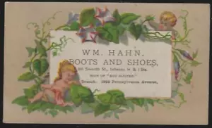 Wm. Hahn Boots Red Slippers Shoes Cherubs Vine Flowers Victorian Trade Card - Picture 1 of 2
