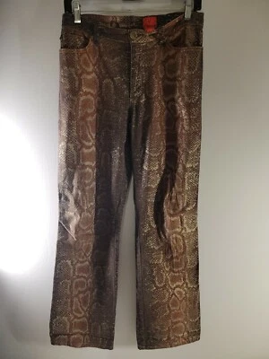 V Cristina 棕色金色闪光蛇纹印花 6 码直筒牛仔裤 — 第 1/4 张图片