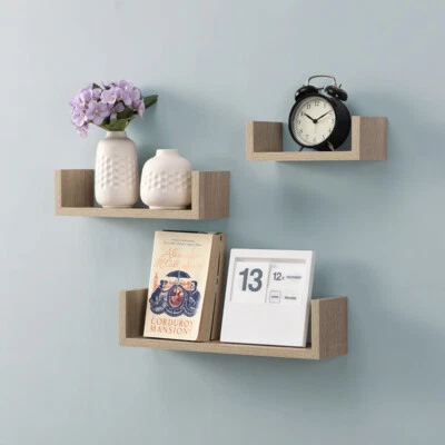 Set of 3 U Shape Floating Wall Shelf Storage Display White Black Oak Grey Blush - Image 1 of 4