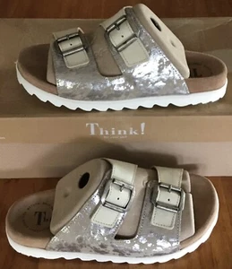 Think! Womens Leather Sandals 80390 Metallic Silver & Ivory/Beige Size 37 NEW - Picture 1 of 11