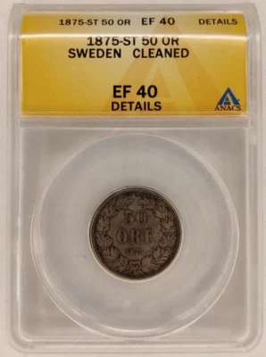 Suecia 1875 ST 50 Minerales ANACS EF XF40 Detalles-Limpiado Raro Fecha Clave Moneda Plata 2B Foto 1 de 4