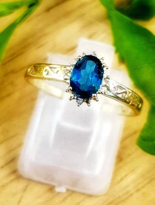 Genuine Blue Tourmaline Diamond 9K Yellow Solid Gold Ring Engagement Cocktail - Picture 1 of 11