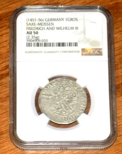1451-56 GERMAN STATES SAXE-MEISSEN 1 GROS NGC AU-50 FRIEDRICH & WILHELM III COIN - Picture 1 of 4