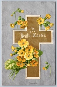 Freudiges Ostern, Primel, Kreuz, antike geprägte Gruß Postkarte - Bild 1 von 2