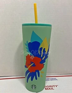 New Starbucks Rare Teal Mint Hibiscus Steel Tumbler 24 oz - Picture 1 of 4