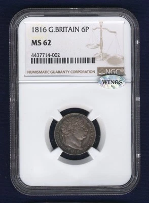ENGLAND GEORGE III 1816  SIXPENCE SILVER COIN, UNCIRCULATED CERTIFIED NGC MS62 - Image 1 of 4