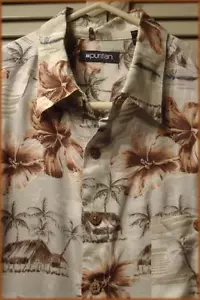 PURITAN Men's 100% Rayon Hawaiian Shirt (L) Floral & Island Huts print 50" chest - Picture 1 of 6