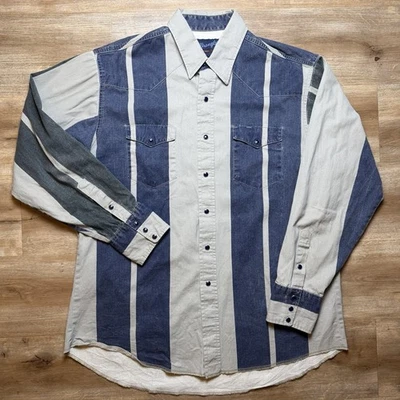 Vintage Wrangler Shirt Men Large Blue Gray Brushpopper Pearl Snap Cowboy Rodeo - Image 1 of 4