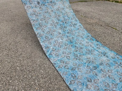 3x18 Blue Extra Long  Vintage Handmade Turkish Wool Oushak Runner Rug, 34"x218" - Image 1 of 4