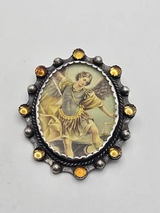 Vintage Wanda Lobito Sterling Silver Saint Michael Archangel Glass Pendant Pin - Picture 1 of 14