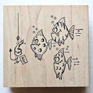 Worm on Fishing Hook (w/Help! Sign) Hungry Fish FUNNY Imagine Rubber Works Stamp - Bild 1 von 3