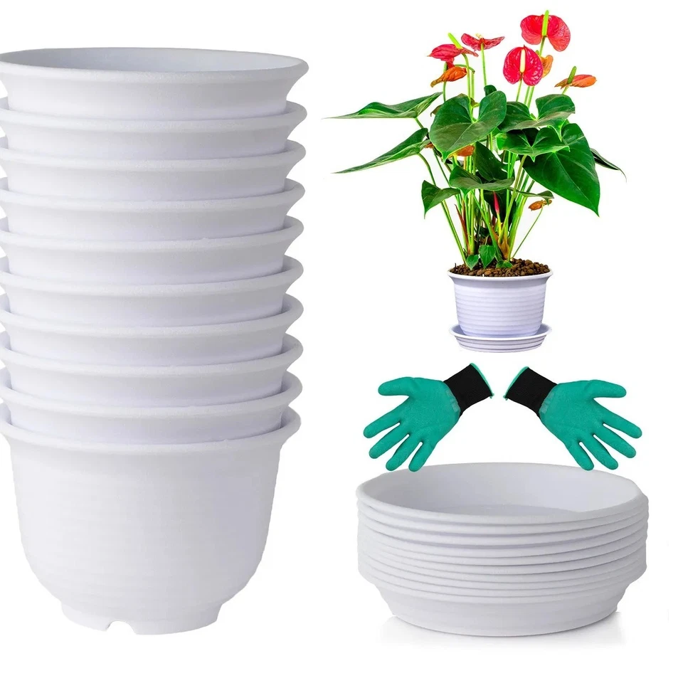10 Set White Plastic Flower Plant Pots 6" Round Planters with Saucers for Plants - Image 1 of 4