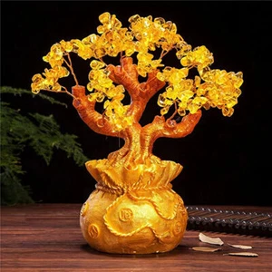 Golden Money Tree Feng Shui Crystal Citrine Wealth Tree Hang Lucky Bonsai Style - Picture 1 of 4