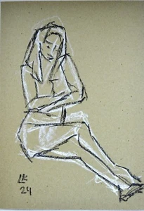 Sitzende Frau Zeichnung - 12x8 Kohle & Pastell Figur Kunst auf getöntem Papier - Bild 1 von 4