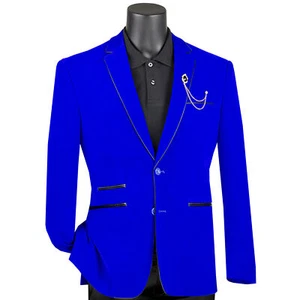 VINCI Men's Royal Blue Velvet 2 Button Slim Fit Blazer w/ Leather Trim NEW - Picture 1 of 3