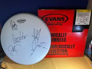 T5-97 BLU OCTOBER BAND - DRUM HEAD (BIANCO) - AUTOGRAFATO X4 - 2016 - WOW! - Foto 1 di 12