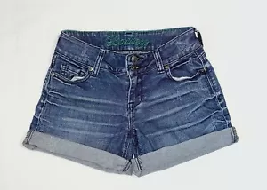 dELiA*s Bailey Mid Rise Blue Denim Jean Shorts Juniors Sz 0 Raw Hem/rolled cuff - Picture 1 of 11