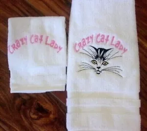 CAT CRAZY CAT LADY EMBROIDERY HAND TOWEL & WASH CLOTH SET PERSONALIZE - Picture 1 of 3