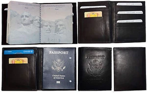 Reisepasshülle USA Leder Wallet Schwarz Pass Case Echt Echtleder Etui - Bild 1 von 12