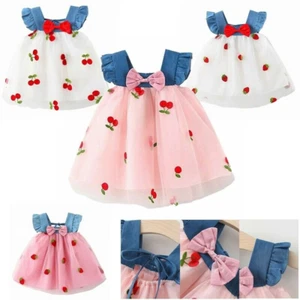 Baby Girls Denim Tulle Patchwork Dress Toddler Embroidery Princess Party Tutu - Picture 1 of 17