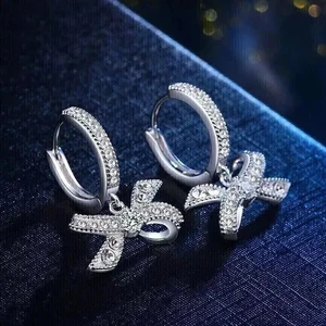 FINE 2 Ct D Moissanite Bow Knot Drop & Dangle Earrings 10k White Gold SILVER - Picture 1 of 5