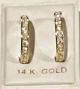 New 14K Yellow Gold Large Huggy Earrings w/CZ's on Front & Back - Picture 1 of 5