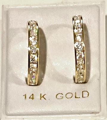 New 14K Yellow Gold Large Huggy Earrings w/CZ's on Front & Back - Image 1 of 4