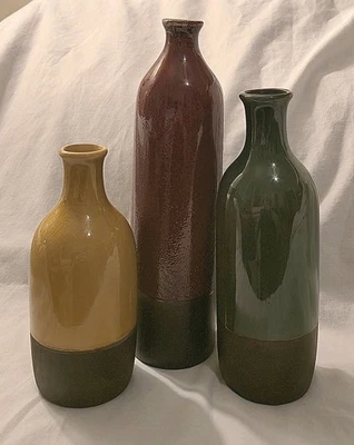 Juego de 3 botellas de cerámica decorativas vintage rojas verdes amarillas Foto 1 de 3