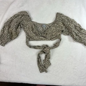 COAST Womens Cropped Bandeau Top Tan Leopard Back Tie 3/4 Sleeve Front Twist - Picture 1 of 15