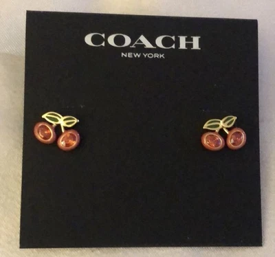 蔻驰金色红色水晶和绿色珐琅樱桃耳钉全新带标签 — 第 1/4 张图片