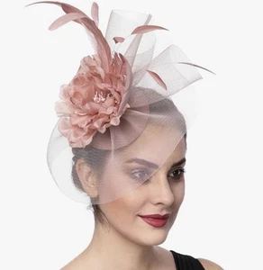 Fascinator Dusty Rose Feather Flower Hair Clip Church Wedding Party Headwear New - Bild 1 von 5