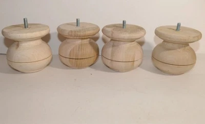 4.25'' Tall Solid Wood 4 Furniture Legs,Turned, Unfinished Bun Feet w screws - Image 1 of 4