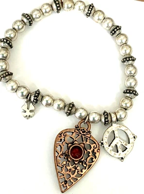 Браслет с брелоками винтажный Lucky Brand сердце и мир четыре листа клевер новый из старых запасов с ярлыком - Изображение 1 из 4