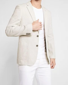 NEW EXPRESS $248 WHITE GRAY STRIPED EXTRA SLIM LINEN BLEND SUIT JACKET SZ 44R - Picture 1 of 5