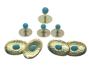 Men's 14k Yellow Gold Natural Turquoise Men's Dress Set Cuff Links & Studs - Picture 1 of 12