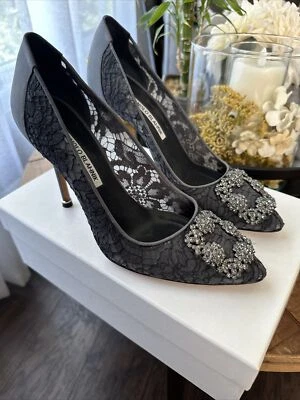 $1065 Manolo Blahnik Hangisi bomba de renda 39 fivela de joia Hangisila cinza antrício - Imagem 1 de 4