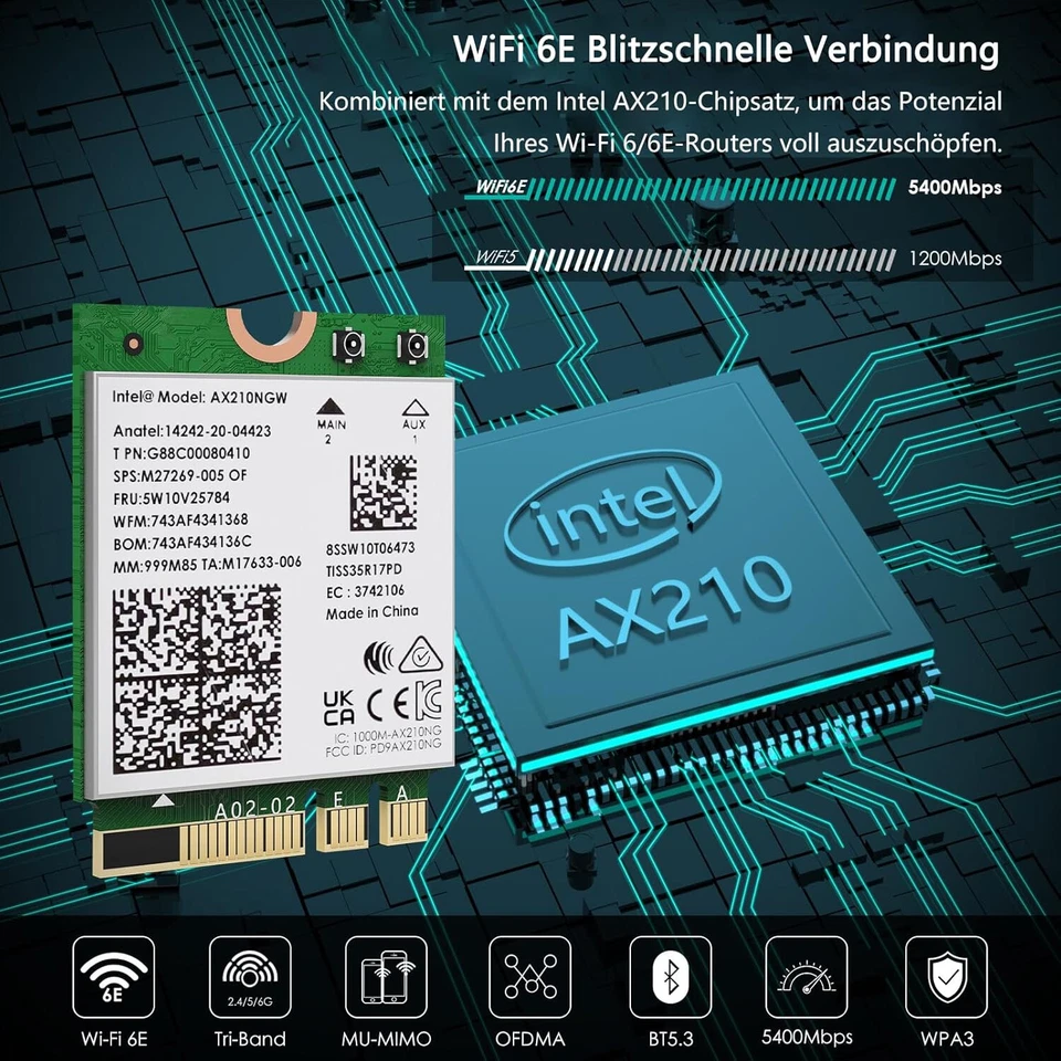 Intel Wi-Fi 6 AX200 802.11ax 2x2 Bluetooth 5.1 M.2 2230 Adapter (AX200NGW) - Bild 1 von 1
