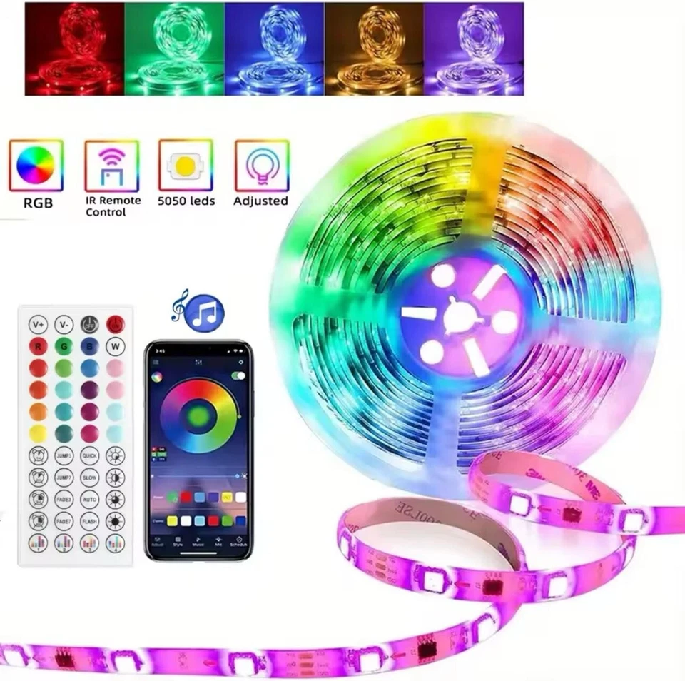 LED Strip Lights 1-30m RGB 5050 Colour Changing Tape Cabinet Kitchen TV Lighting - Image 1 of 4