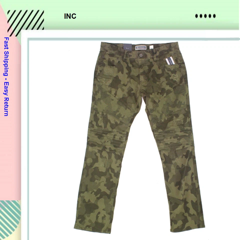 Inc Mens Moto Jeans Green Size 36 Camo Distressed Slim Straight Leg 158
