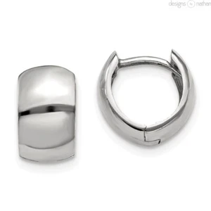 Real 14K White Gold Flat Wide Solid Snug Tiny Hinged Huggie Hoop Earrings 1.9 g - Picture 1 of 9