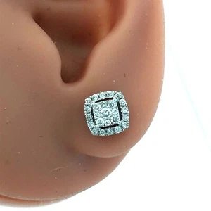 Designer HK 10K White Gold Diamond Cluster Pave Halo Square Stud Earrings - Picture 1 of 11