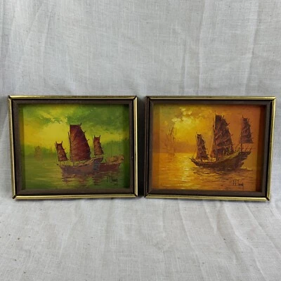 S. T. Young Original Oil On Canvas Artwork Chinese Junkers Boats Ships MCM Pair - Image 1 of 4