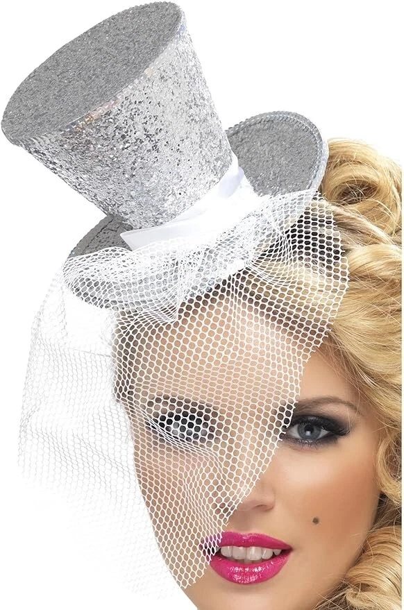 Smiffys Fever Mini Top Hat on Headband, Silver with Detachable Netting - Image 1 of 1