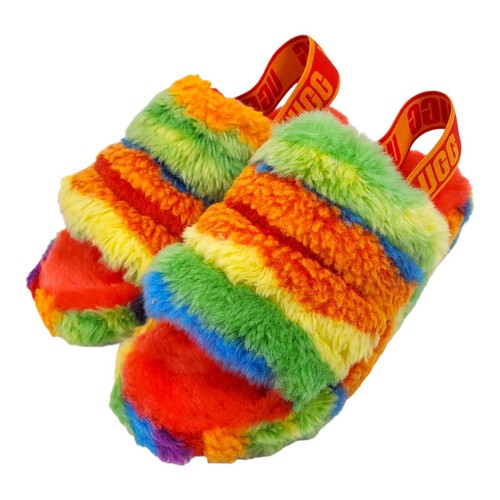 UGG Slides donna taglia 7 Fluff Yeah Cali collage arcobaleno PRIDE fuzzy colorato