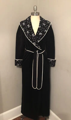 Винтажный Vanity Fair черный бархат макси халат надежном платье пальто карманы S/M - Изображение 1 из 4
