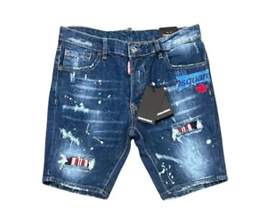 New Model DSQ2 Short Jeans Blue Men's Washed Slim Fit Ripped Pants - Picture 1 of 2