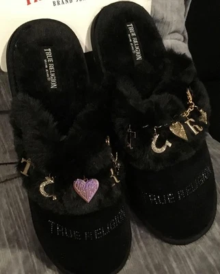 True Religion Faux Fur Bling Slippers With Charms Womens Size XL 9.5-10.5 NEW - Image 1 of 4