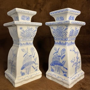 Blau-weiß Porzellan 2 Kerzenständer chinesische Blumen Vintage schwer - Bild 1 von 8