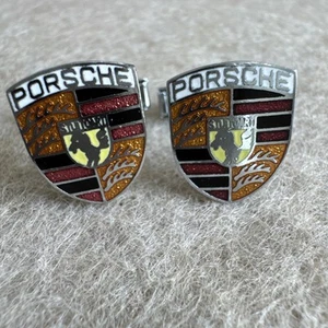 Vintage Silver Tone Porsche Logo Cufflinks Luxury Car Accessory Enamel - Picture 1 of 10